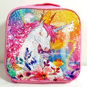 Unicorn Mermaid Pink Reversible Sequin Insulated Lunch Bag For Girls